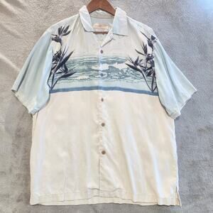 Tommy Bahama Mens Green Hawaiian Landscape Button Up Silk Shirt Size Large Beach